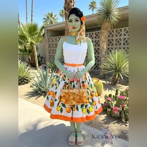 🍊Freshly Squeezed! Pinup Couture "Jenny" Dress In Orange Print - L NWOT